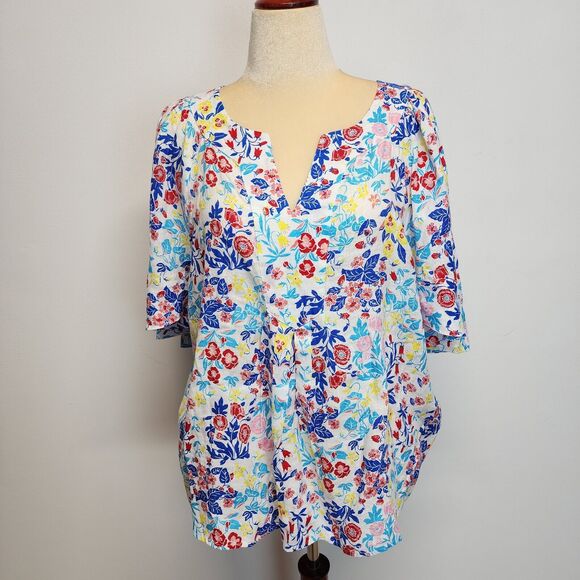 Charter Club Luxury Linen Peasant Top Size 2X Flare Sleeve Floral Print V-neck - Picture 1 of 16